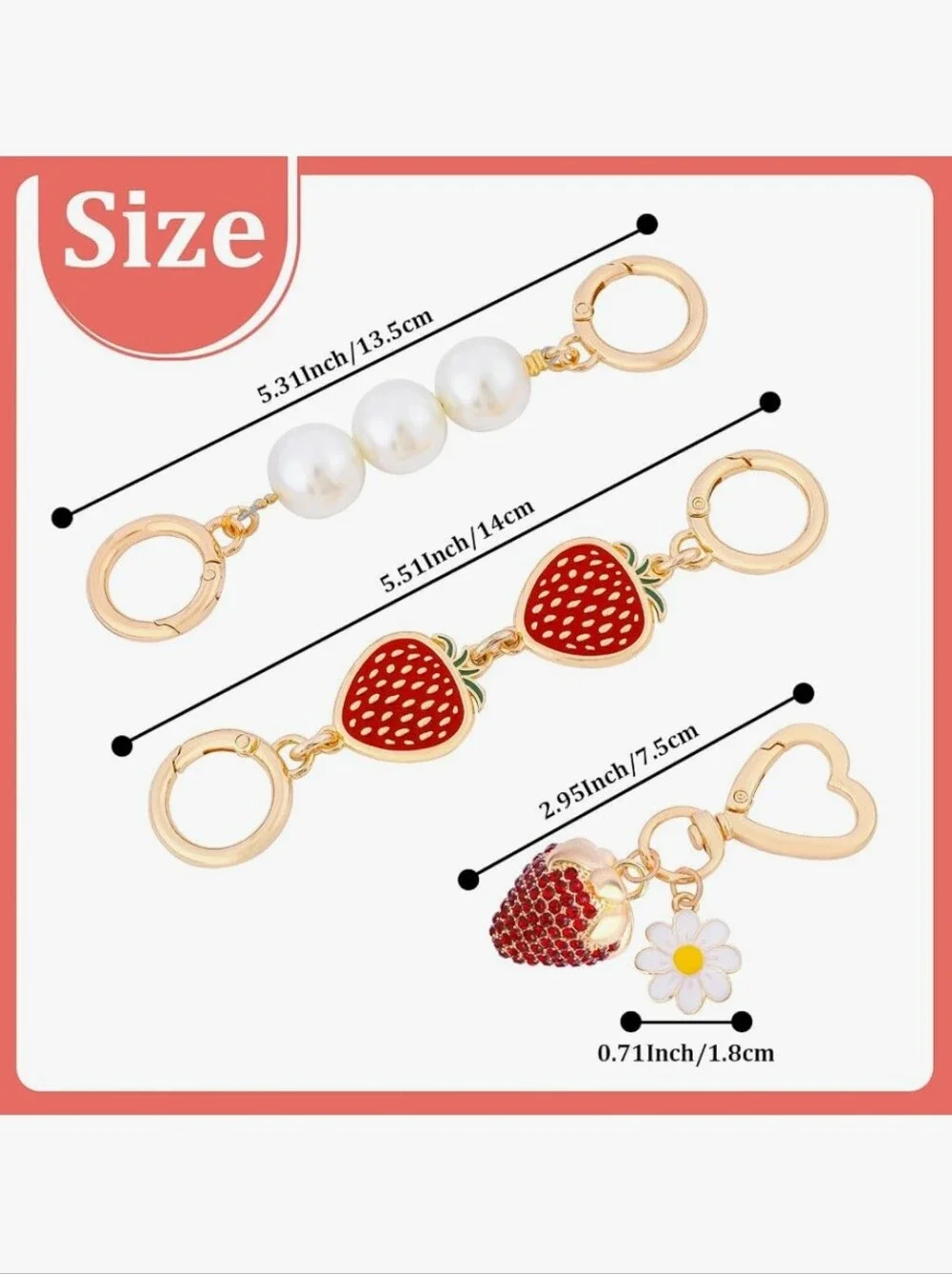 Luxury Rhinestone Strawberry & Pearl Gold Bag Charm Keychain Set - 3 Pcs
